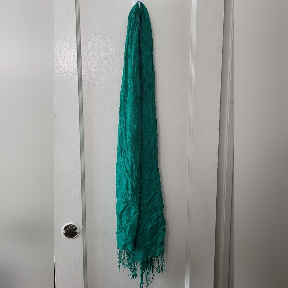 Green Scarf with Distressed Fringe Tassels, Lightweight Cotton